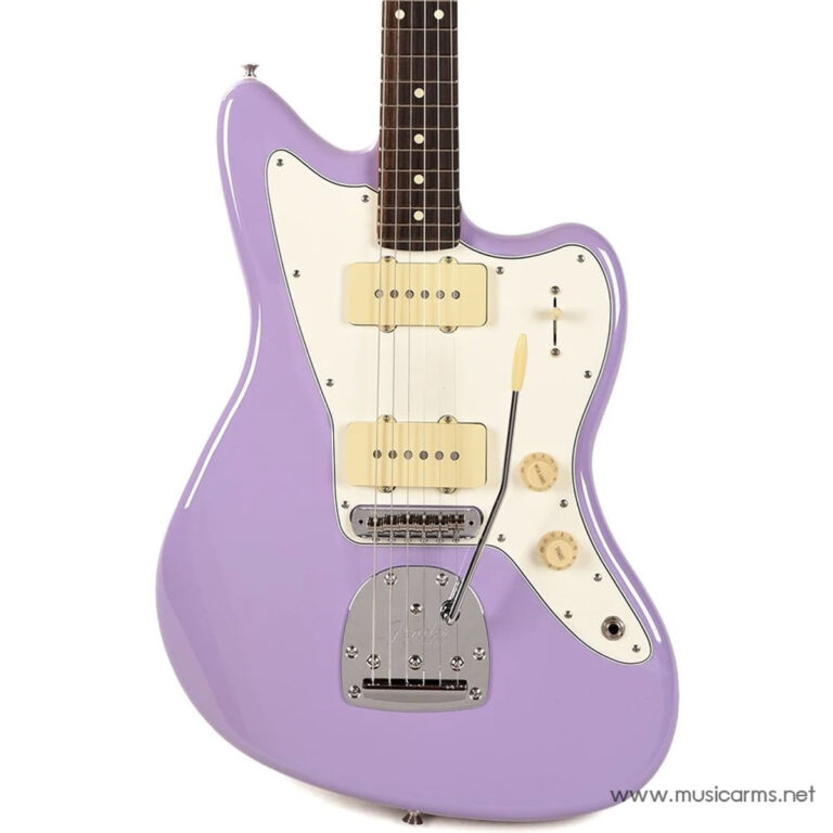 Lavender solid-body electric guitar with cream pickguard, two gold pickups, and a tremolo bridge. ขายราคาพิเศษ