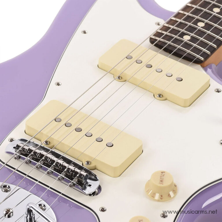 Close-up of a lavender electric guitar with a white pickguard, cream pickups, and a chrome bridge with strings running across the fretboard. ขายราคาพิเศษ