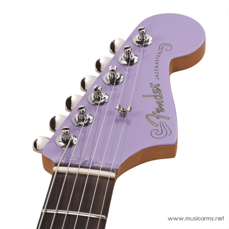 Purple Fender Jazzmaster guitar headstock with six tuning pegs and strings visible ขายราคาพิเศษ