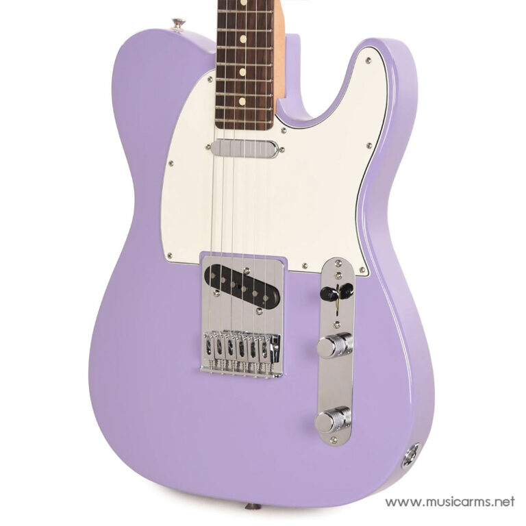 Lavender solid-body electric guitar with a white pickguard and chrome hardware, shown from a front-right angle. ขายราคาพิเศษ