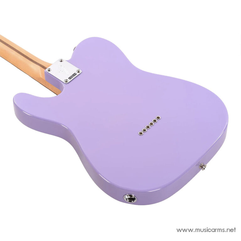 Back view of a lavender purple solid-body electric guitar with maple neck, showing the neck plate and output jack on the body edge ขายราคาพิเศษ