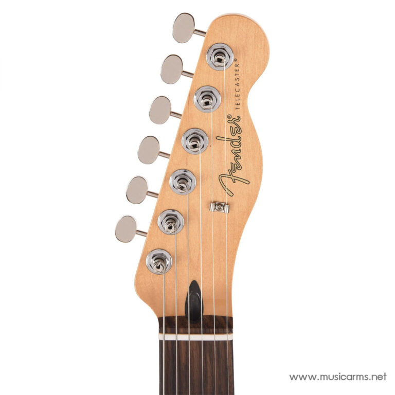 Close-up of a Fender Telecaster guitar headstock with six chrome tuners and strings visible in view. ขายราคาพิเศษ