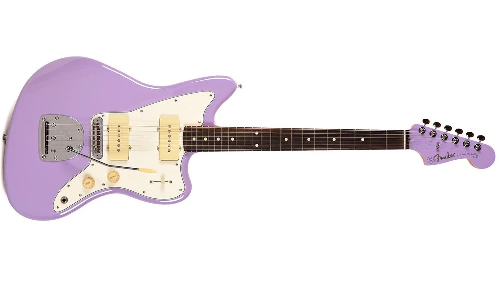 Lavender Fender-style electric guitar with a white pickguard, three pickups, and a rosewood neck.