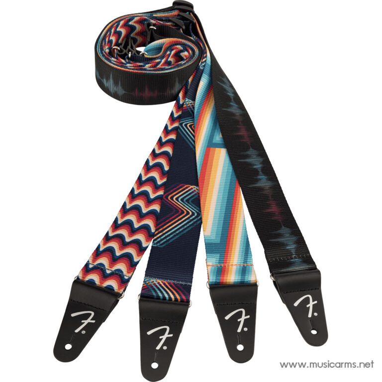 Four colorful guitar straps with bold geometric patterns and black leather ends, fanned out in a bundle. ขายราคาพิเศษ