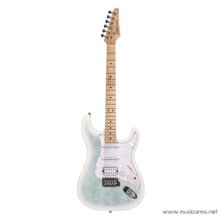 Electric Strat-style electric guitar with a light blue gradient body, white pickguard, maple neck, and three pickups. ขายราคาพิเศษ