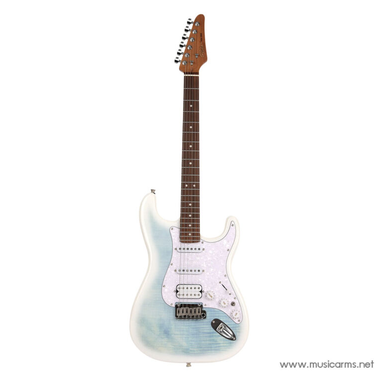 Electric Stratocaster-style electric guitar with a light blue sunburst finish, rosewood fretboard, and white pickguard. ขายราคาพิเศษ