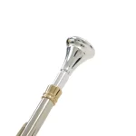 Polished silver walking cane with a curved chrome handle and gold collar near the shaft. ขายราคาพิเศษ