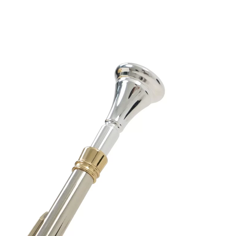 Polished silver walking cane with a curved chrome handle and gold collar near the shaft. ขายราคาพิเศษ