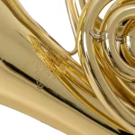 Close-up of a shiny brass French horn with coiled tubing and an engraved emblem on the bell area. ขายราคาพิเศษ