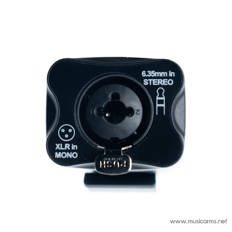 Front view of a black adapter showing XLR in MONO and 6.35mm in STEREO labels with a circular socket. ขายราคาพิเศษ