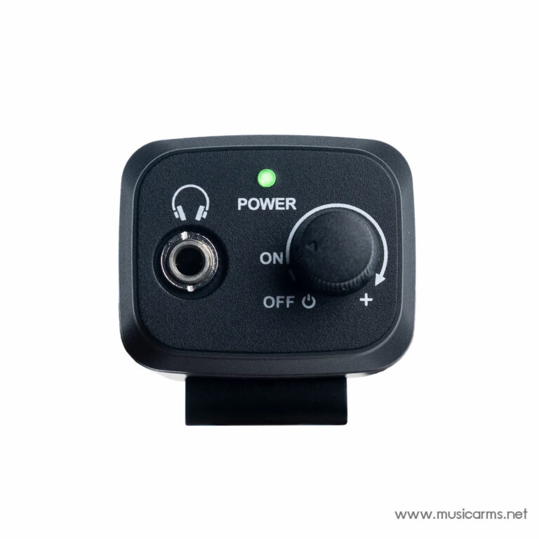 Close-up of a black compact audio control unit with a green power LED, a 1/4-inch input jack on the left, and a large volume knob labeled ON/OFF and +/−. ขายราคาพิเศษ