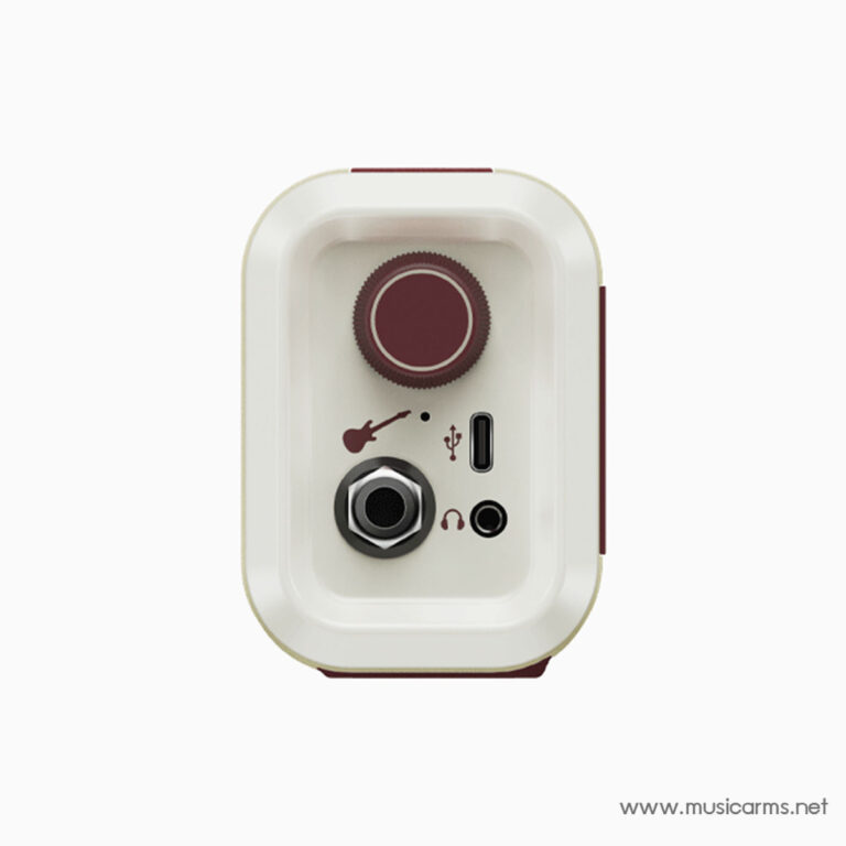 Close-up of a small cream-colored practice amp panel with a large red dial, USB-C port, headphone jack, and 1/4-inch input gate on the front. ขายราคาพิเศษ