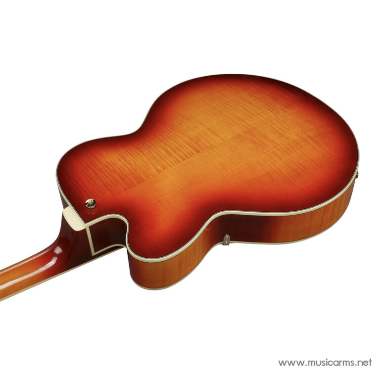 Back view of a sunburst acoustic guitar with a glossy finish and cream binding along the edges. ขายราคาพิเศษ