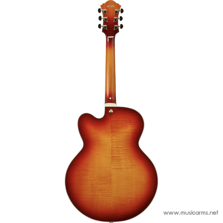 Rear view of a sunburst guitar with a cutaway, showing the back and neck with a orange-to-red finish and visible wood grain ขายราคาพิเศษ