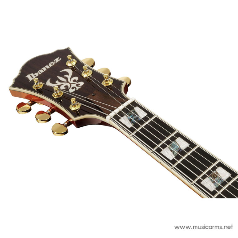 Ibanez guitar headstock with gold tuning pegs and fleur-de-lis inlay on dark wood neck (watermark www.musicarms.net) ขายราคาพิเศษ