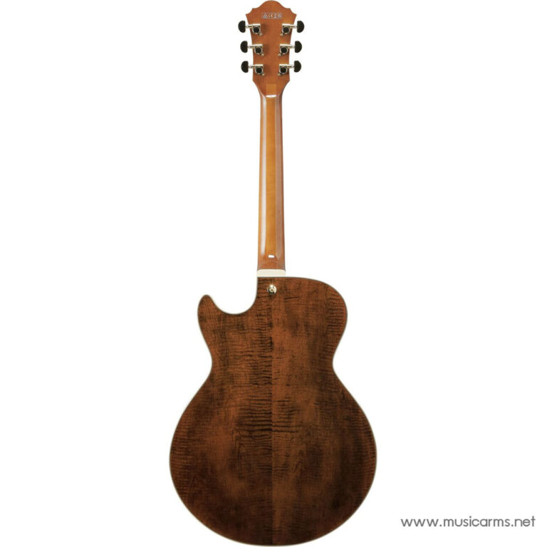 Back view of a brown wooden acoustic guitar with a cutaway, neck extending upward to the headstock. ขายราคาพิเศษ