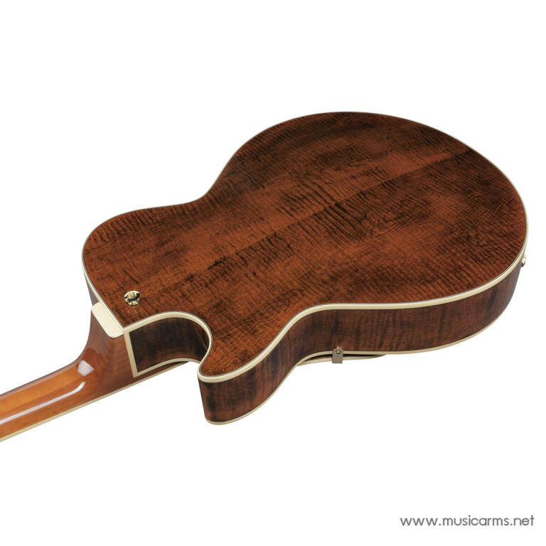 Back of a glossy, flame-maple top acoustic guitar with a cutaway and cream binding. ขายราคาพิเศษ