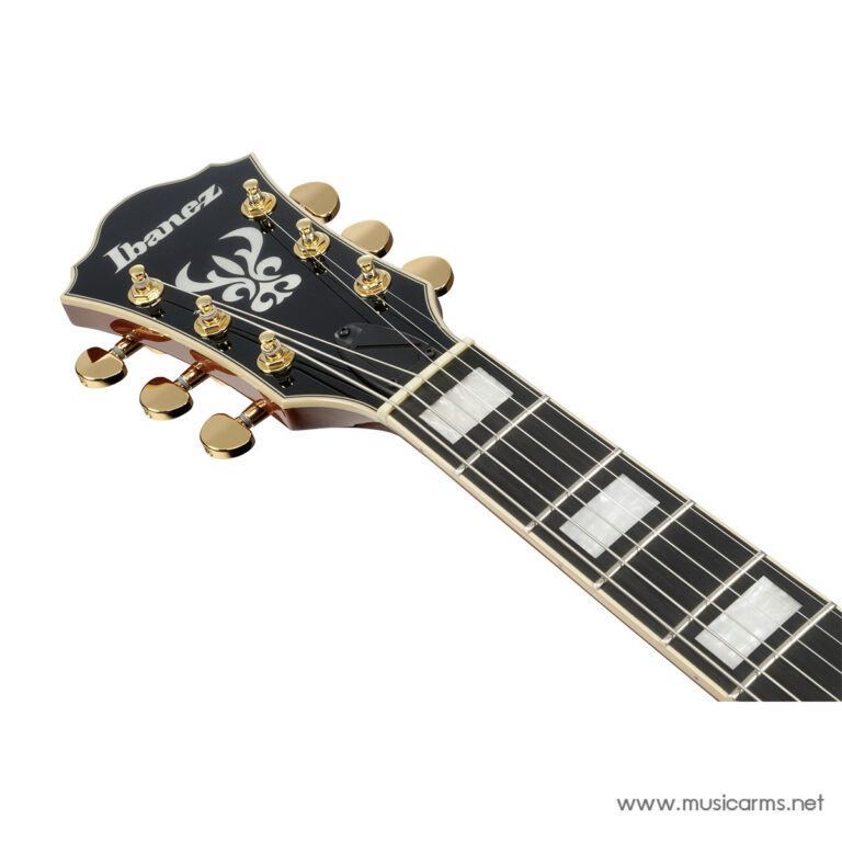 Close-up of an Ibanez guitar headstock with gold tuners and ornate inlay on a black finish, extending into the fretboard. ขายราคาพิเศษ