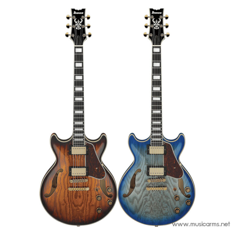Two Ibanez hollow-body electric guitars shown side by side: one orange sunburst on the left and one blue burst on the right, both with gold hardware and block inlays. ขายราคาพิเศษ