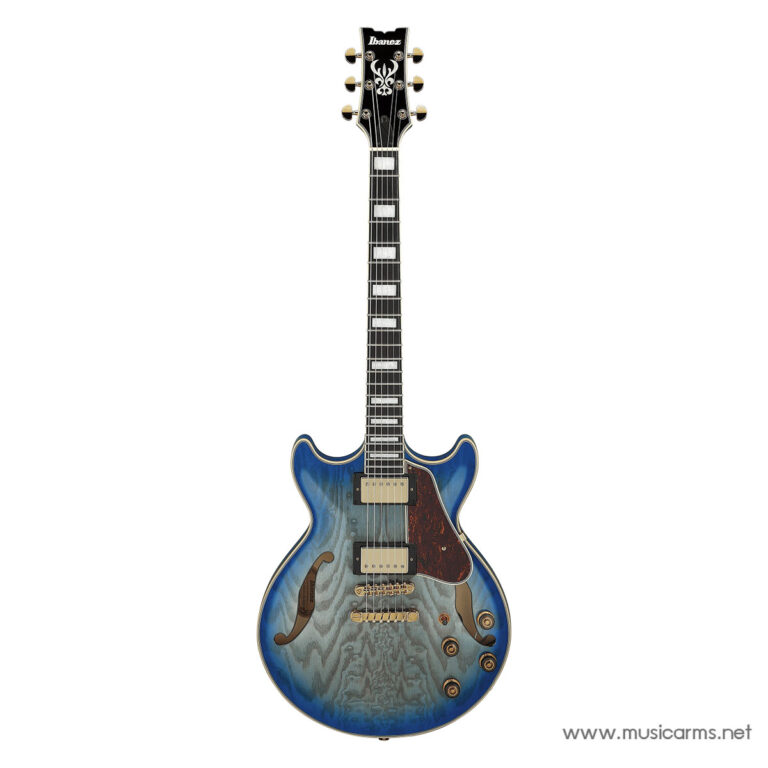 Blue transparent semi-hollow body electric guitar with f-holes, gold hardware, and two humbucker pickups (Ibanez) with a dark neck and block inlays ขายราคาพิเศษ