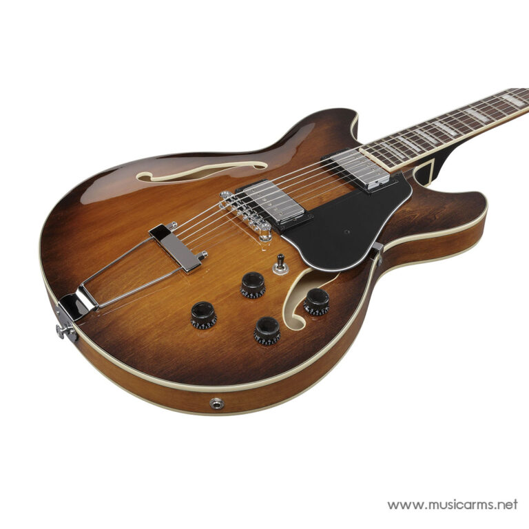 Sunburst semi-hollow electric guitar with F-holes, two humbucker pickups, and a black pickguard with chrome hardware. ขายราคาพิเศษ
