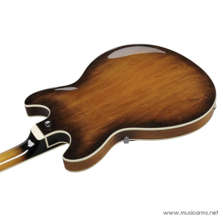 Back view of a sunburst electric guitar with glossy finish, cream binding, and cutaway visible to the left. ขายราคาพิเศษ