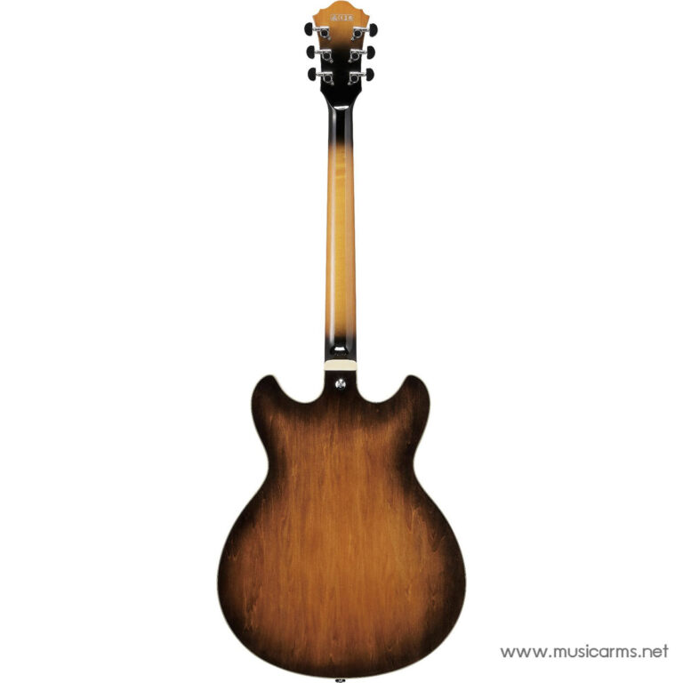 Back view of a sunburst electric guitar with a double-cutaway body and the neck extending upward to a headstock with tuning pegs. ขายราคาพิเศษ