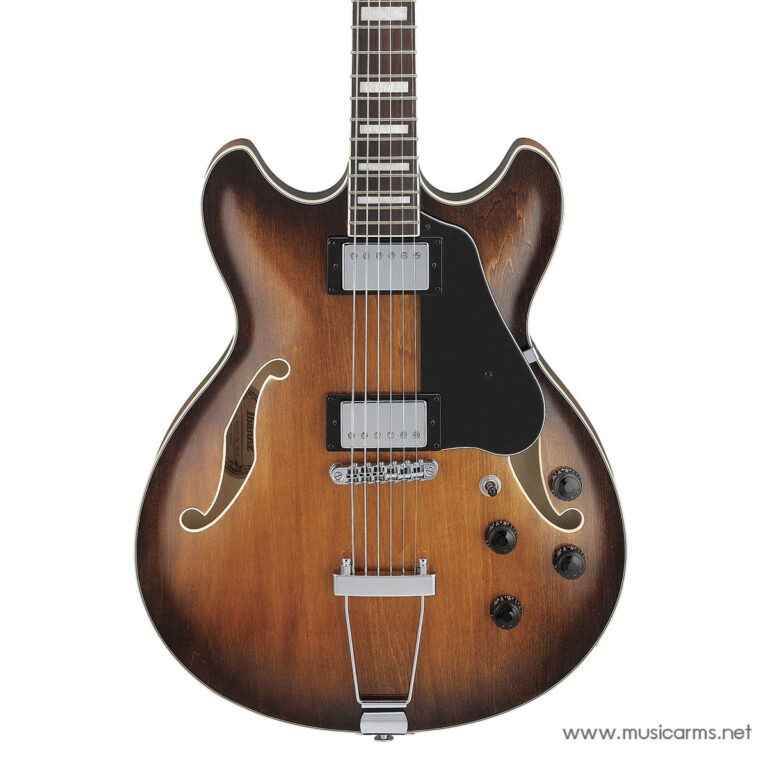Sunburst semi-hollow electric guitar with f-holes, two humbucker pickups, black pickguard, and chrome bridge ferrules. ขายราคาพิเศษ