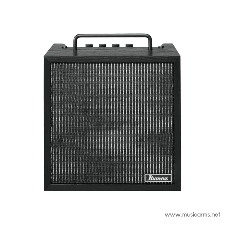 Black compact guitar amplifier with a metal handle on top and vertical grille, Ibanez branding on the lower right. ขายราคาพิเศษ