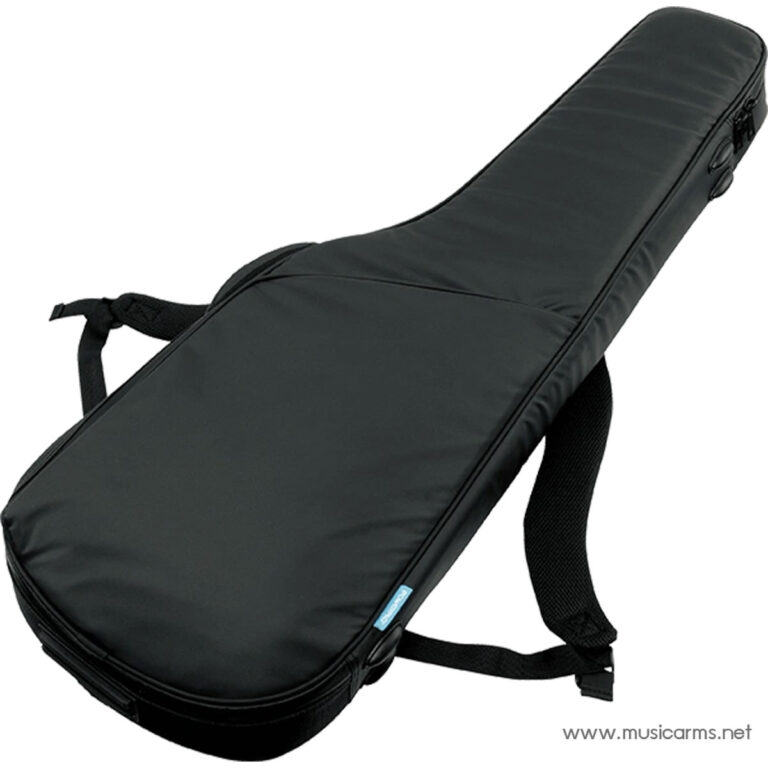 Black padded guitar gig bag with shoulder/backpack straps and a zipper, laid diagonally on a white background. ขายราคาพิเศษ