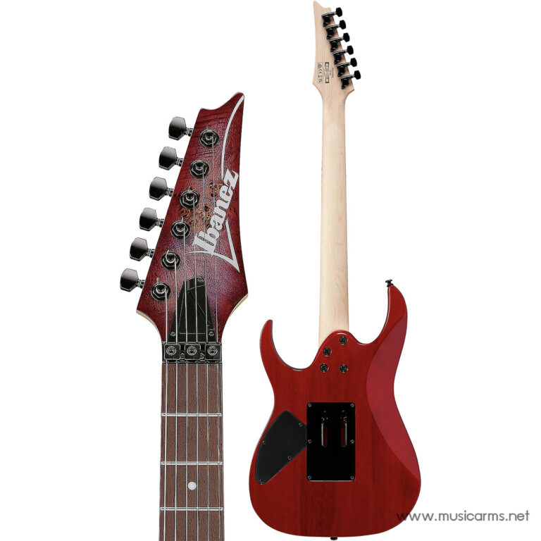 Red electric guitar shown from headstock to body against a white background; Ibanez headstock and glossy red body with back cavity cover visible. ขายราคาพิเศษ
