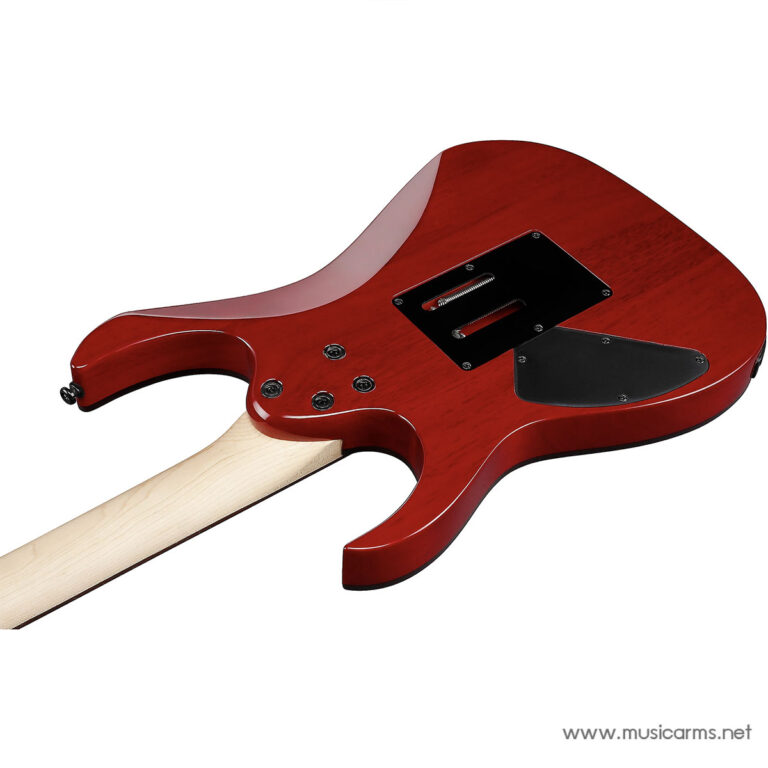 Red electric guitar body viewed from back with a maple neck and black cover plates; chrome screws and cavities visible at the back. ขายราคาพิเศษ