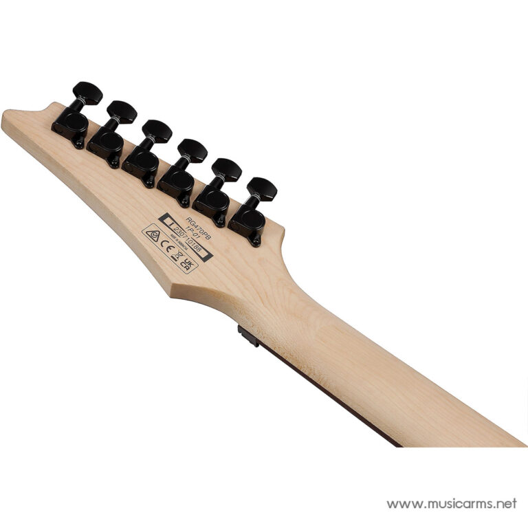 Close-up of a wooden guitar headstock with six black tuning pegs on a natural neck, watermark musicarms.net ขายราคาพิเศษ