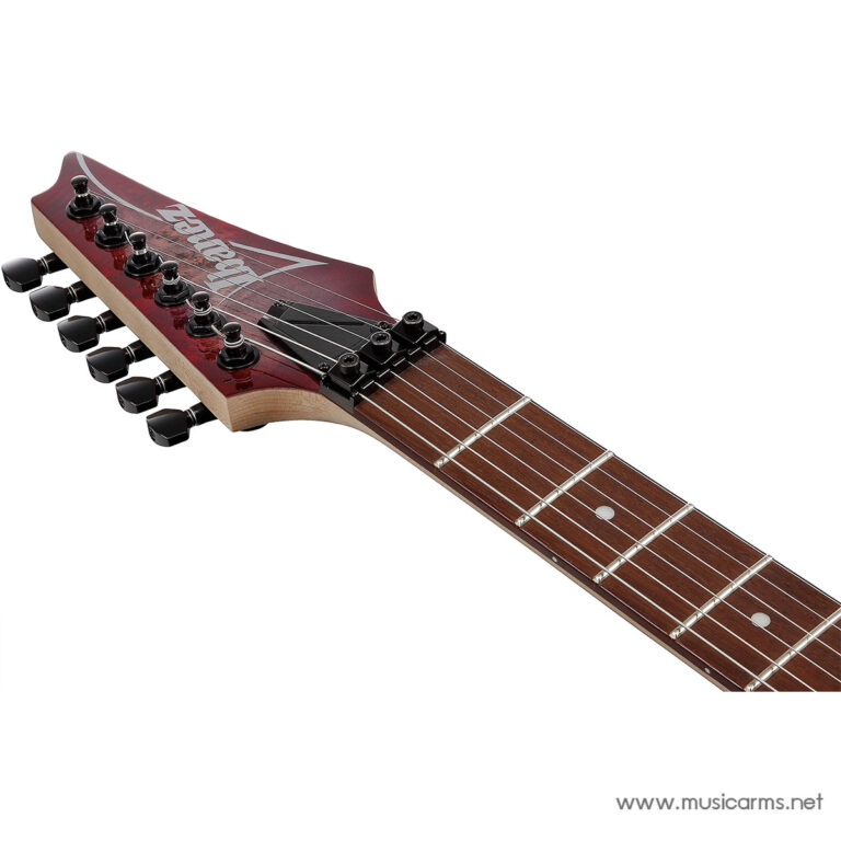 Close-up of a red electric guitar headstock with six black tuning pegs and part of a rosewood fretboard with strings running along it, logo visible on headstock downwards ขายราคาพิเศษ