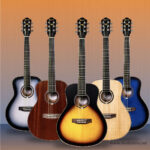 Five acoustic guitars with different finishes (silver, brown, sunburst, natural, blue) lined up against a warm gradient backdrop. ลดราคาพิเศษ
