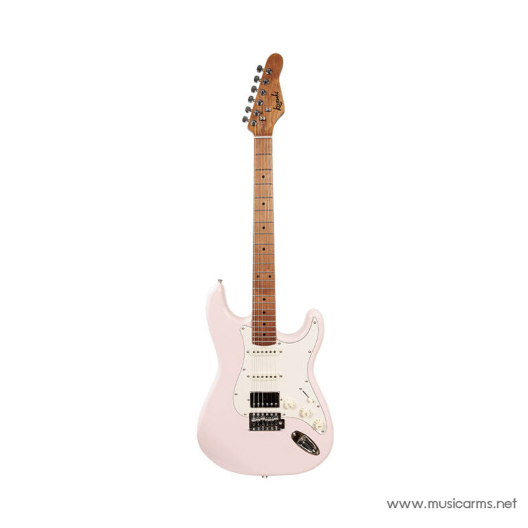 Pink Stratocaster-style electric guitar with a maple neck and white pickguard on a white background, from MusicArms.net ขายราคาพิเศษ