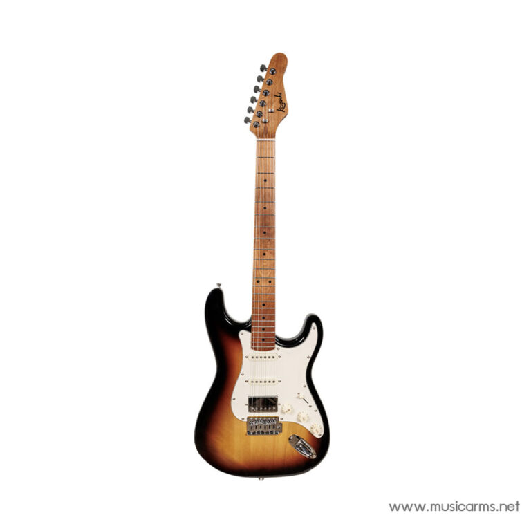 Sunburst electric guitar with maple neck and white pickguard, three pickups, and tremolo bridge. ขายราคาพิเศษ