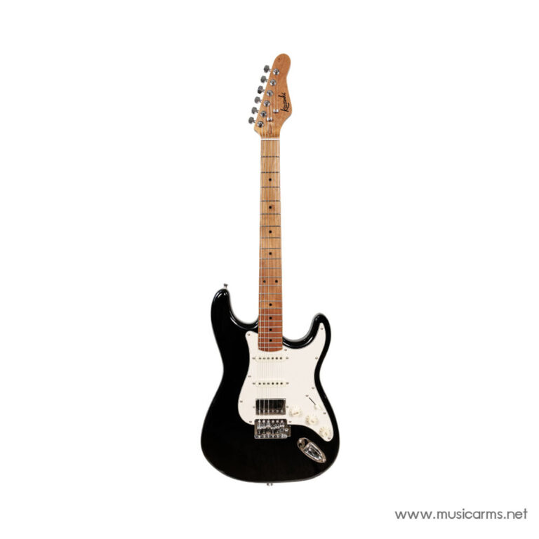 Black Strat-style electric guitar with a maple neck, white pickguard, and three pickups; body is solid and glossy. ขายราคาพิเศษ