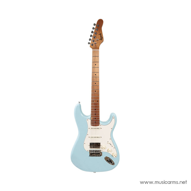 Light blue Fender-style Stratocaster electric guitar with white pickguard on a white background, branded bridge and control knobs visible. ขายราคาพิเศษ