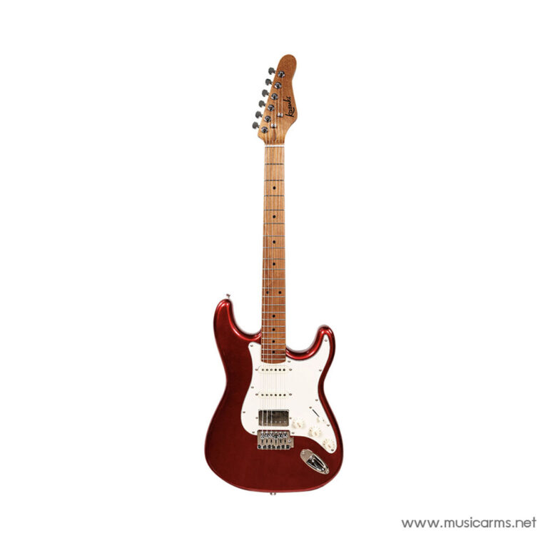 Red electric guitar with a white pickguard and maple neck (Stratocaster-style) against a white background, showing its pickups and bridge. ขายราคาพิเศษ