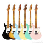 Six colorful electric guitars lined up in rainbow colors (black, sunburst, light blue, yellow, turquoise, pink) against a white background, showing variations in finish and hardware from Musicarms.net. ลดราคาพิเศษ