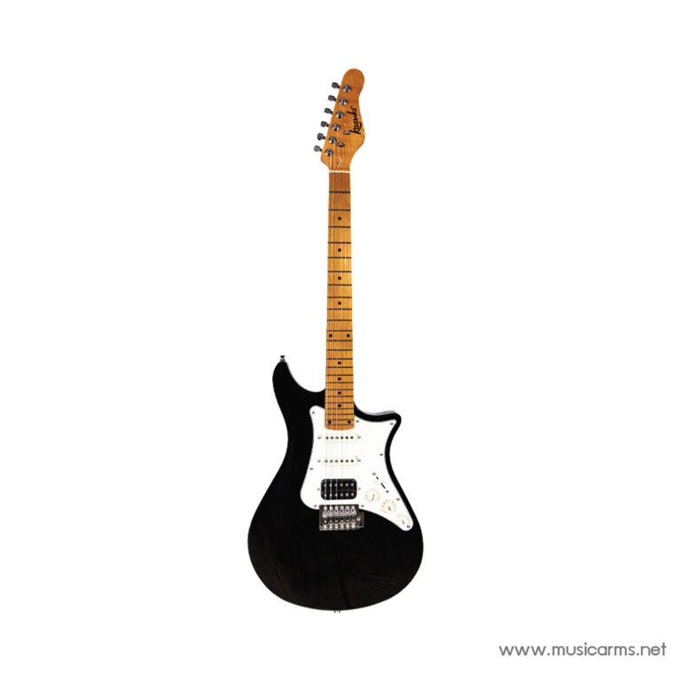 Black solid-body electric guitar with a white pickguard and maple neck on a white background, shown from the front. ขายราคาพิเศษ