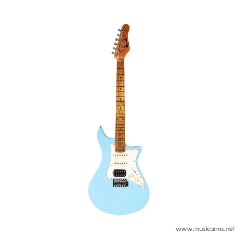 Light blue Stratocaster-style electric guitar with a maple neck and white pickguard. ขายราคาพิเศษ