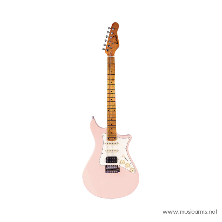 Pink Fender-style electric guitar with a maple neck and white pickguard. ขายราคาพิเศษ
