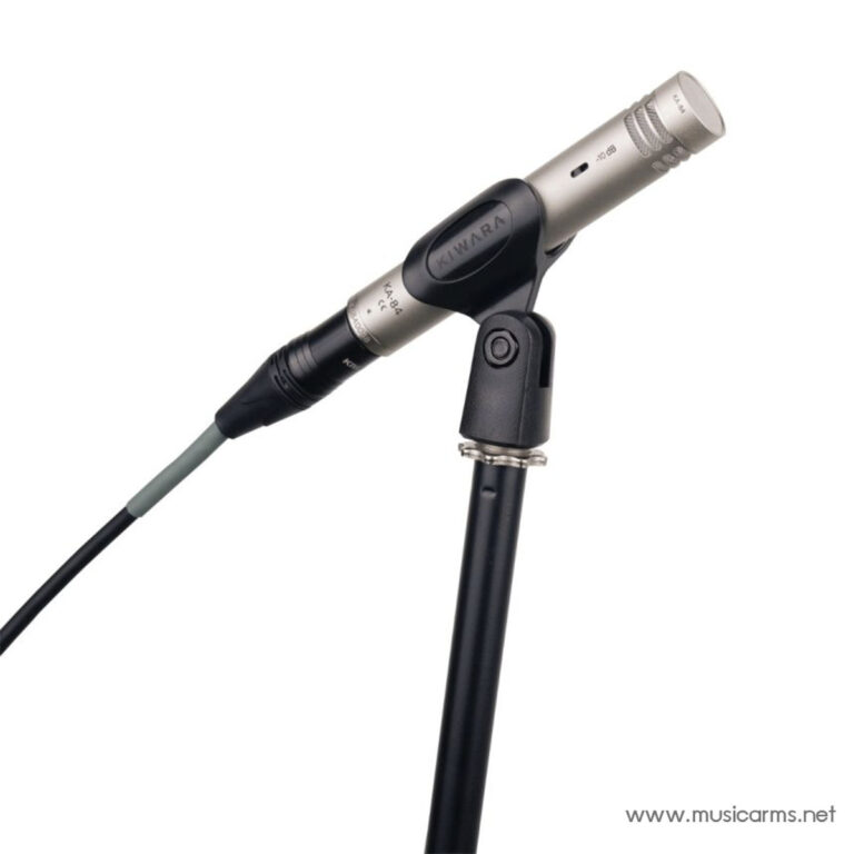 Close-up of a silver studio microphone mounted on a black adjustable stand with a cable attached. ขายราคาพิเศษ