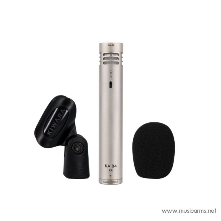 Silver KA-84 studio microphone with a black clip-on holder and a separate foam windscreen, shown with its accessories. ขายราคาพิเศษ