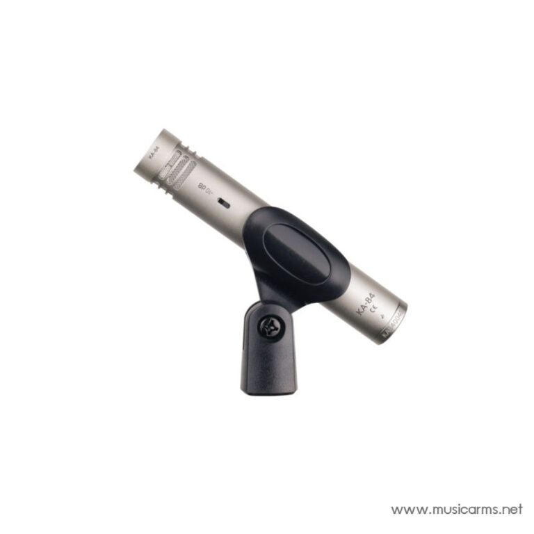 Small condenser microphone mounted on a black swivel stand for recording or broadcasting ขายราคาพิเศษ