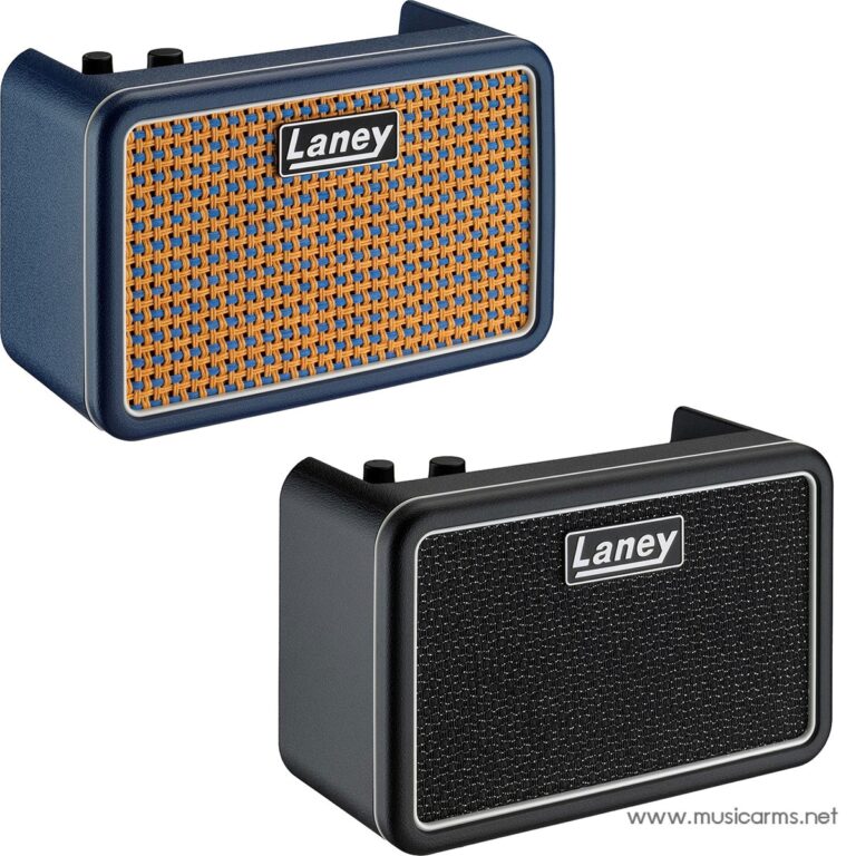Two Laney compact guitar amplifiers with woven orange and black grills, blue and black housings, shown from angled sides by brand logo ขายราคาพิเศษ