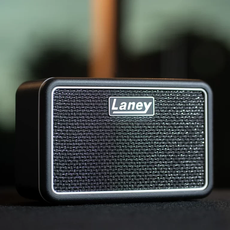 Close-up of a Laney speaker cabinet with a black mesh grille and silver trim, logo visible in the center. ขายราคาพิเศษ