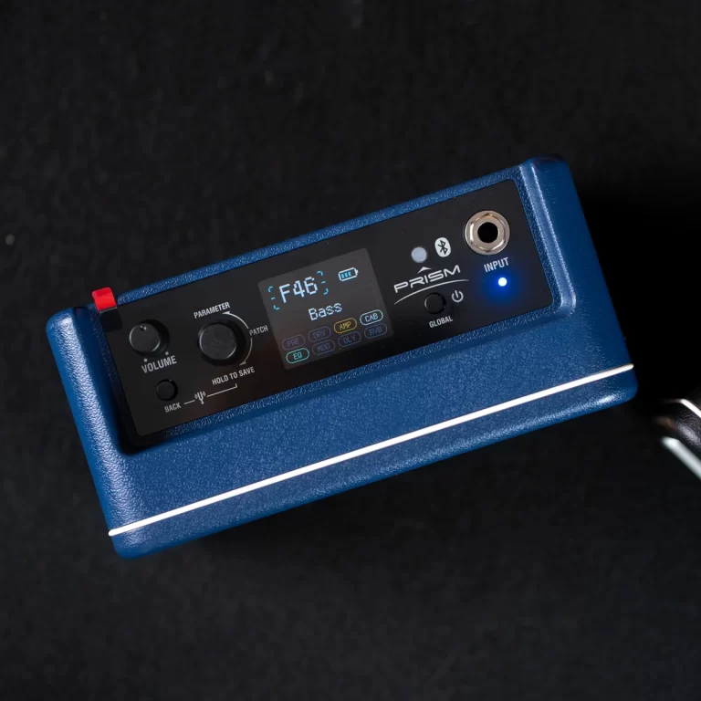 Blue Prism device front panel with a digital display showing 'F46' and 'Bass', plus volume and patch controls and an input jack. ขายราคาพิเศษ